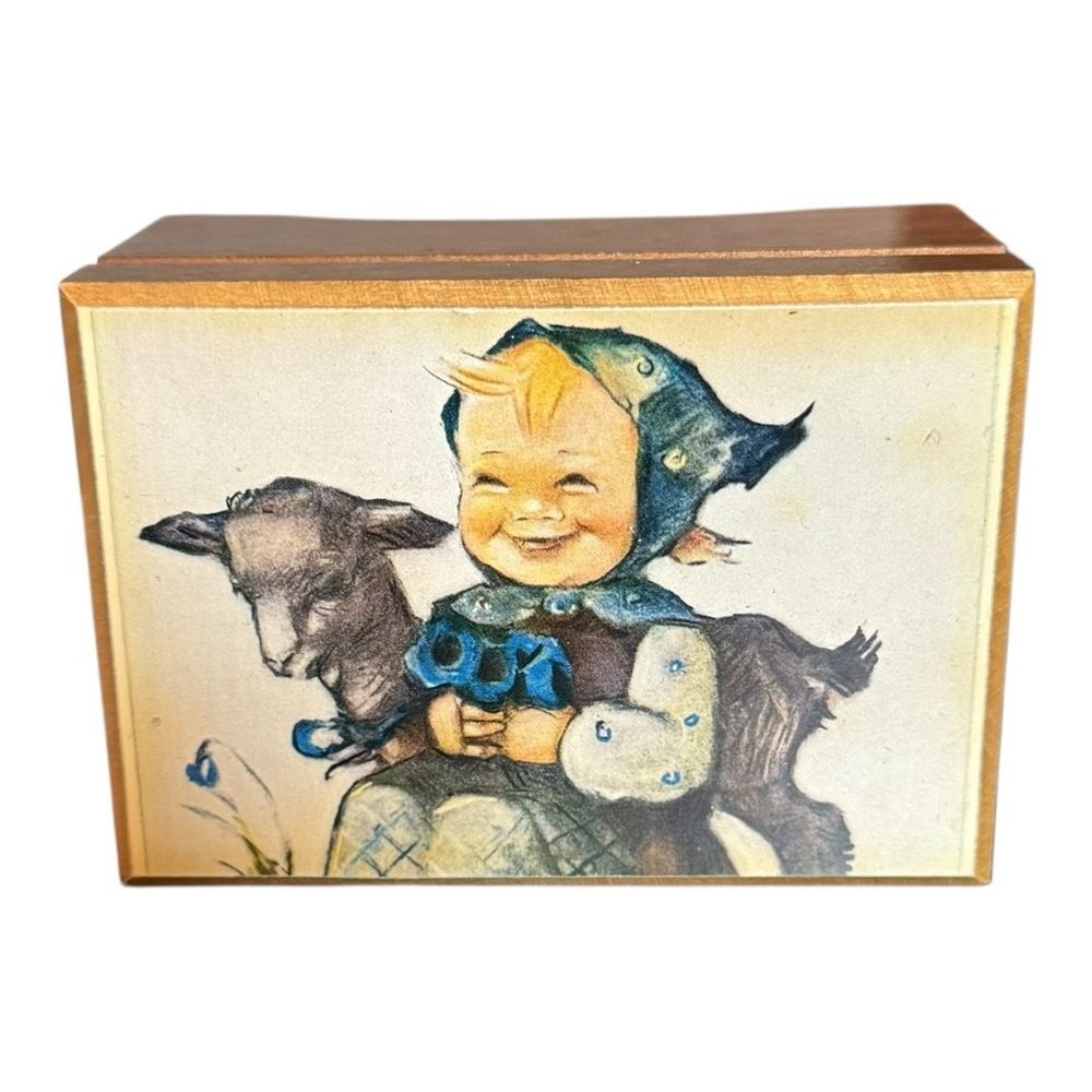 Vintage Reuge Swiss Wooden Music Box Hummel Child Lamb Raindrops Falling